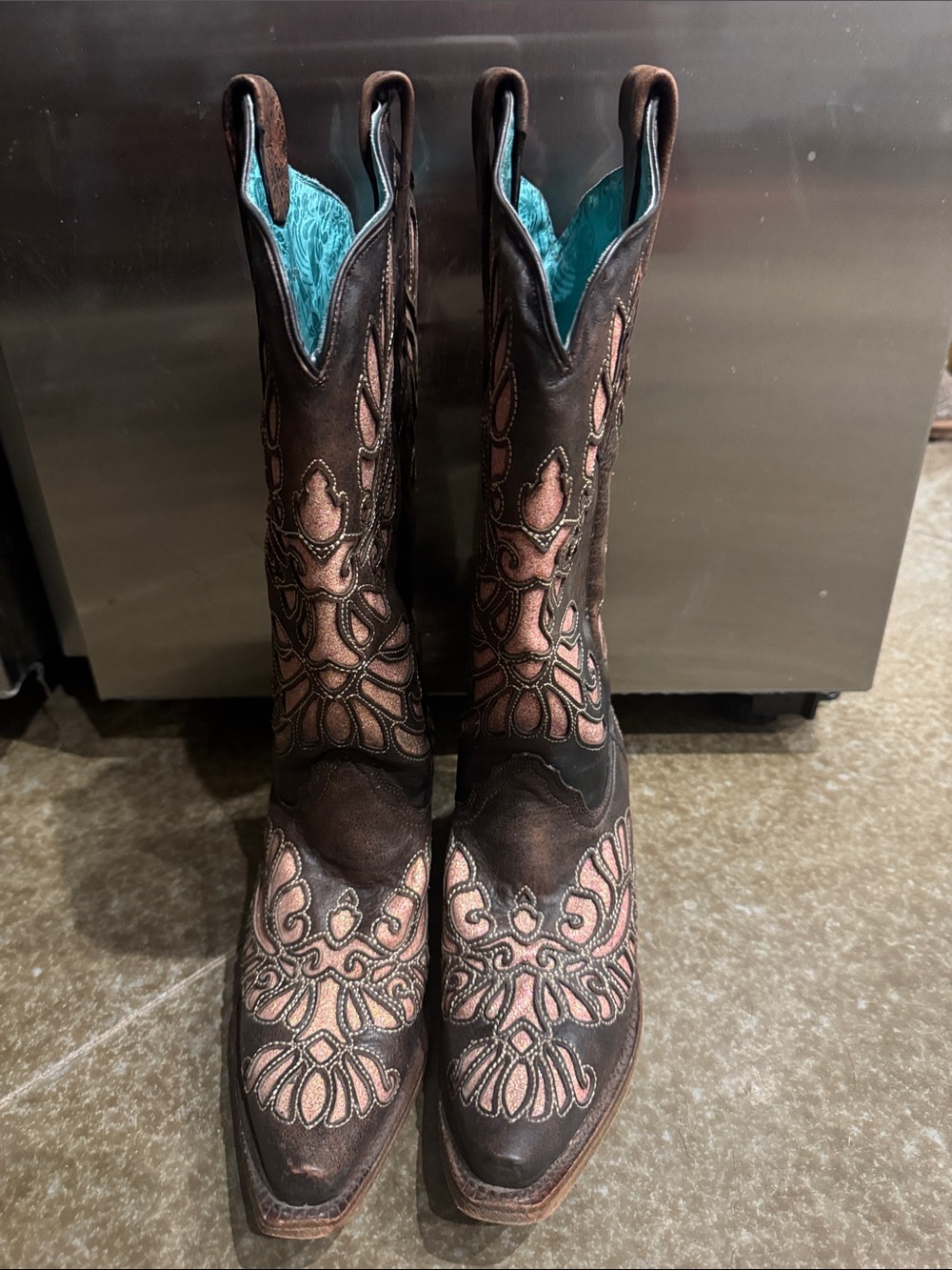 Corral Brown Cowboy Boots with Pink Embroidery and Turquoise Lining